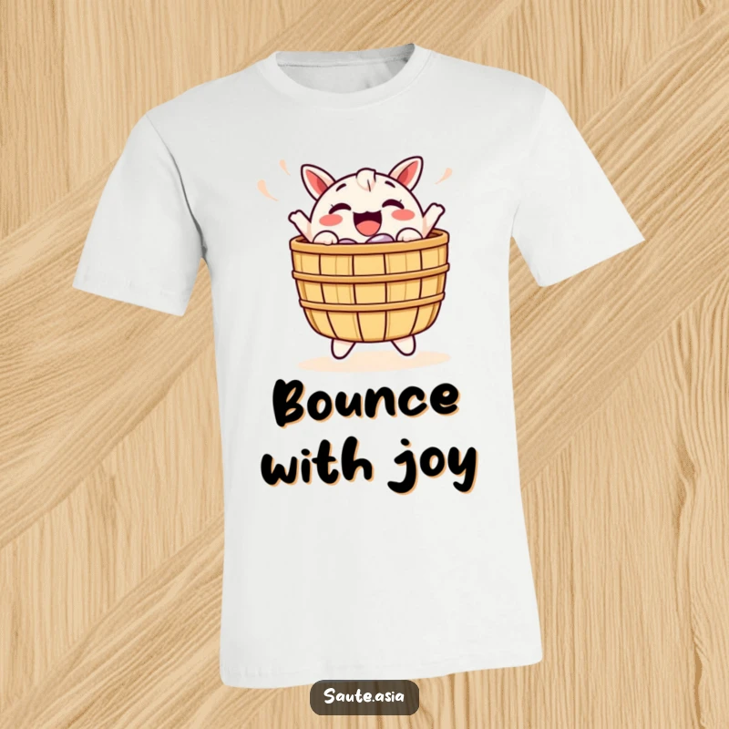 Funny Dim Sum Basket T-Shirt: A cheerful food basket character joyfully bobs, expressing pure excitement and adding fun to your outfit.