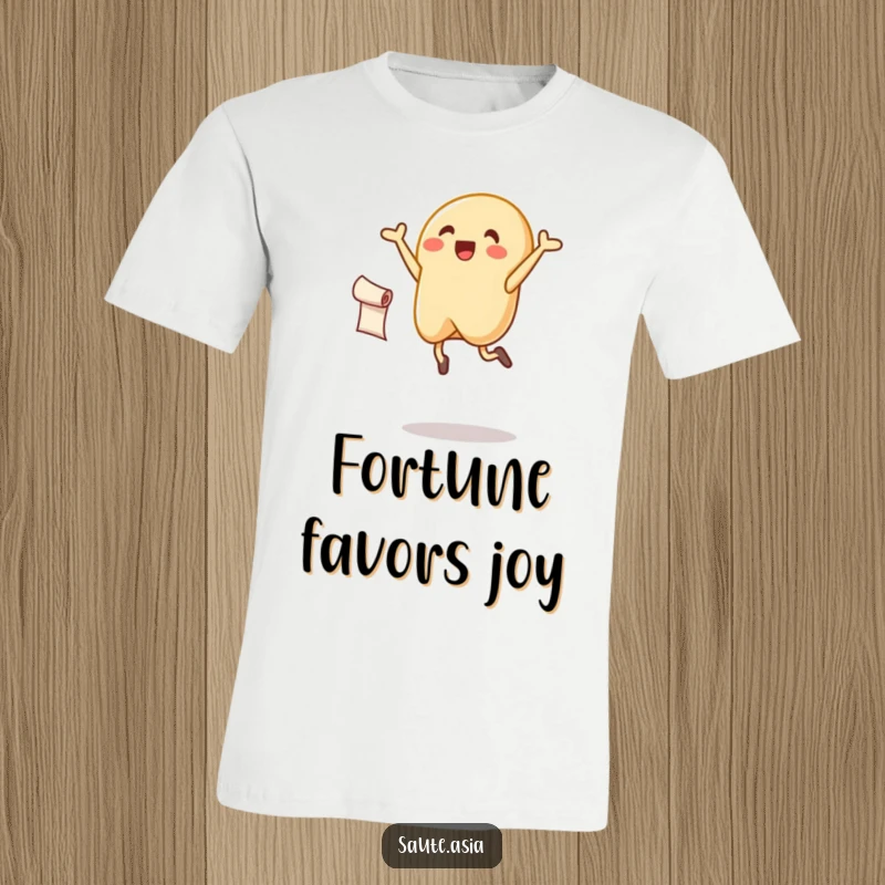 Funny fortune cookie t-shirt, leaping energetically while holding a scroll, conveying pure joy and good luck.