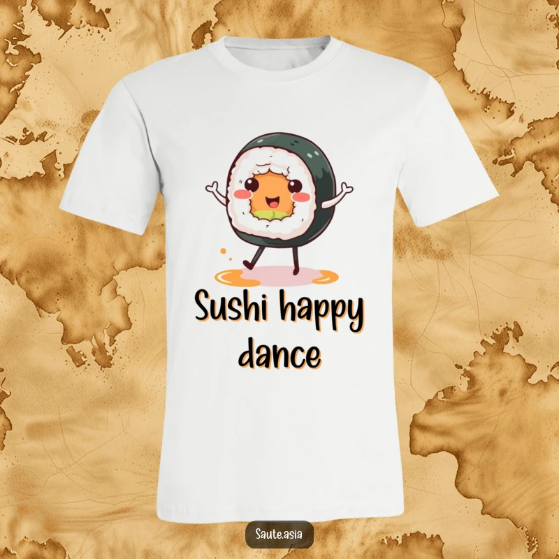 Funny sushi roll t-shirt, showing a cheerful character doing a happy dance on soy sauce puddle legs, perfect for fun foodie wear.