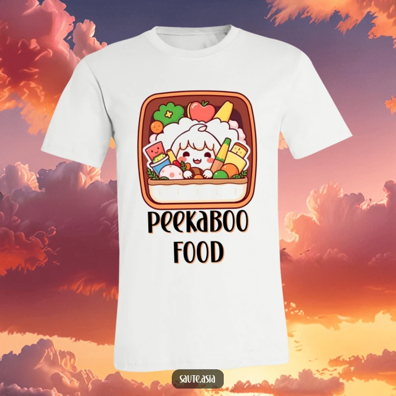 Funny Bento Box T-Shirt: A playful character peeks out from a bento box filled with smiling colorful foods, offering a fun look.