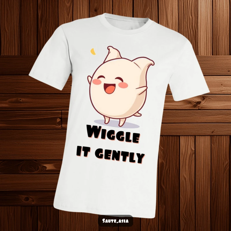 Funny Gyoza T-Shirt: A laughing dumpling character executes a hilarious flip, pleats wiggling comically, perfect for food enthusiasts.