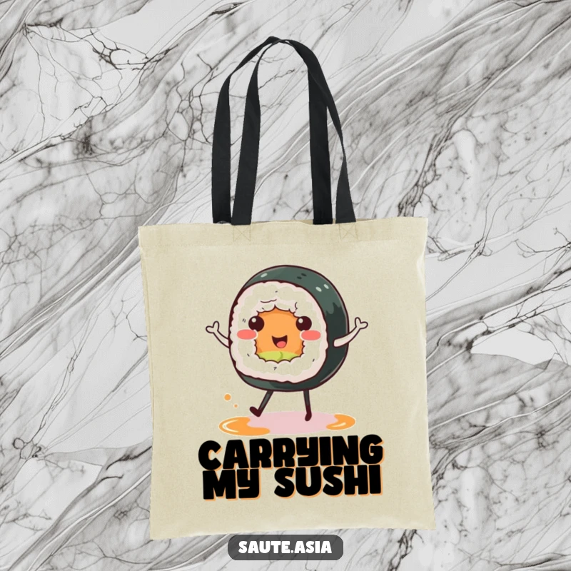 Funny sushi roll tote bag, showing a cheerful character doing a happy dance on soy sauce puddle legs, perfect for carrying daily items.