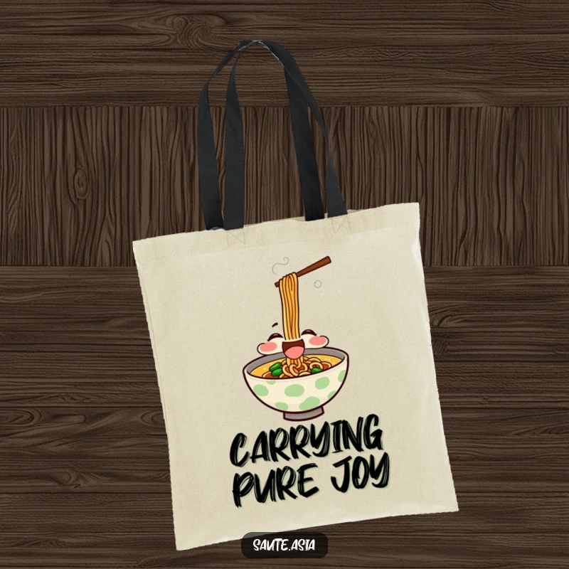 Funny Tote Bag: A delighted ramen bowl character slurping noodles happily, perfect for carrying groceries or essentials.