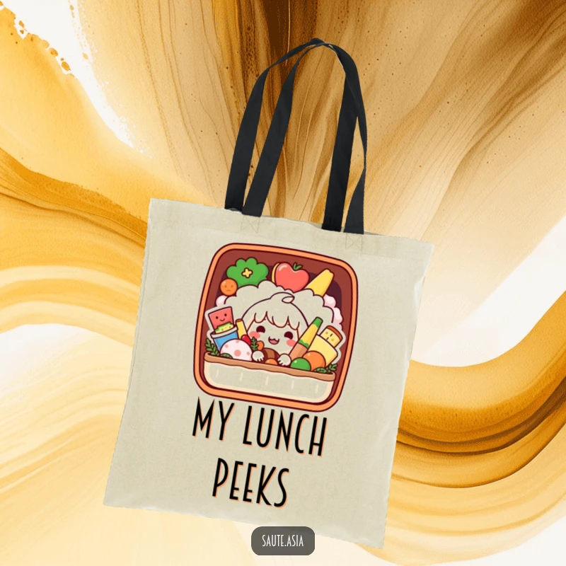 Funny Bento Box Tote Bag: A playful character peeks from a bento box with smiling foods, perfect for carrying items playfully.