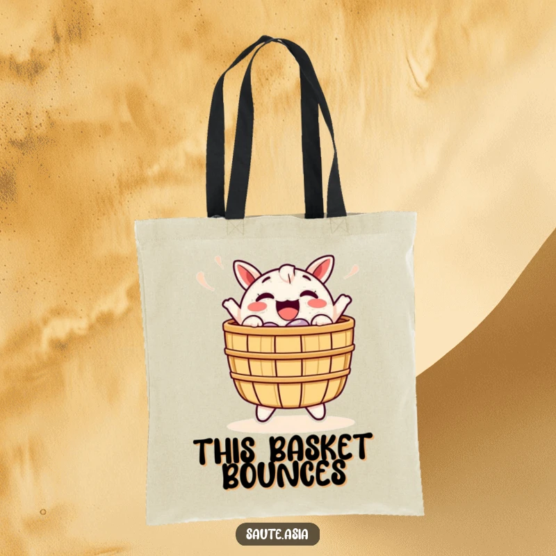 Funny Dim Sum Basket Tote Bag: A cheerful food basket character joyfully bobs, ideal for carrying groceries with a dose of happy excitement.