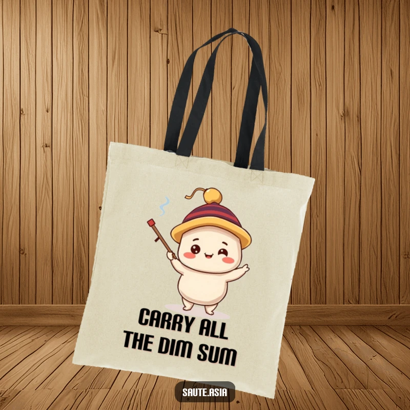 Funny dim sum dumpling tote bag, showing a delighted character in a silly hat, juggling tiny chopsticks, perfect for carrying daily items.